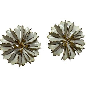 Vintage Sandor Earrings Enamel White Gold Tone Rhinestone Flower Design Clip On